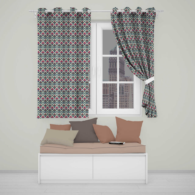 Bold Teal and Magenta Ornate Fleur de Lis Floral  on Light Background  Readymade Eyelet Ring Top Thermal 100% Blackout Curtains