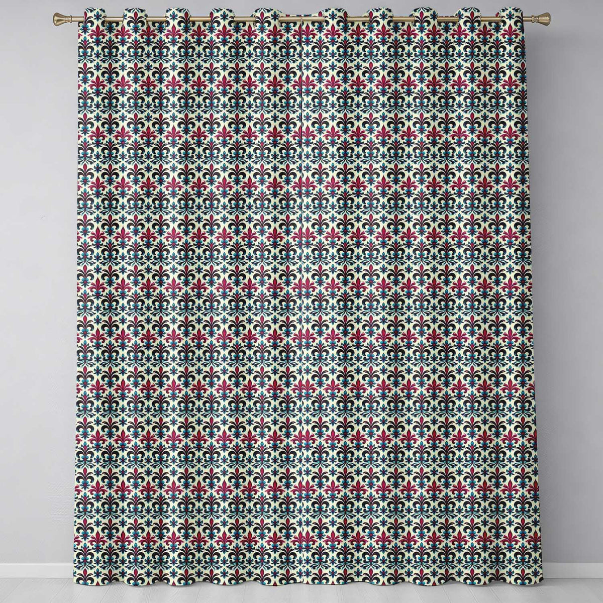 Bold Teal and Magenta Ornate Fleur de Lis Floral  on Light Background  Readymade Eyelet Ring Top Thermal 100% Blackout Curtains