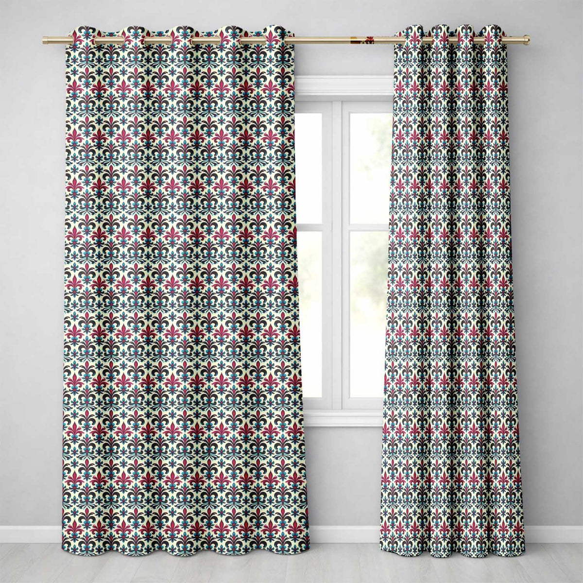Bold Teal and Magenta Ornate Fleur de Lis Floral  on Light Background  Readymade Eyelet Ring Top Thermal 100% Blackout Curtains