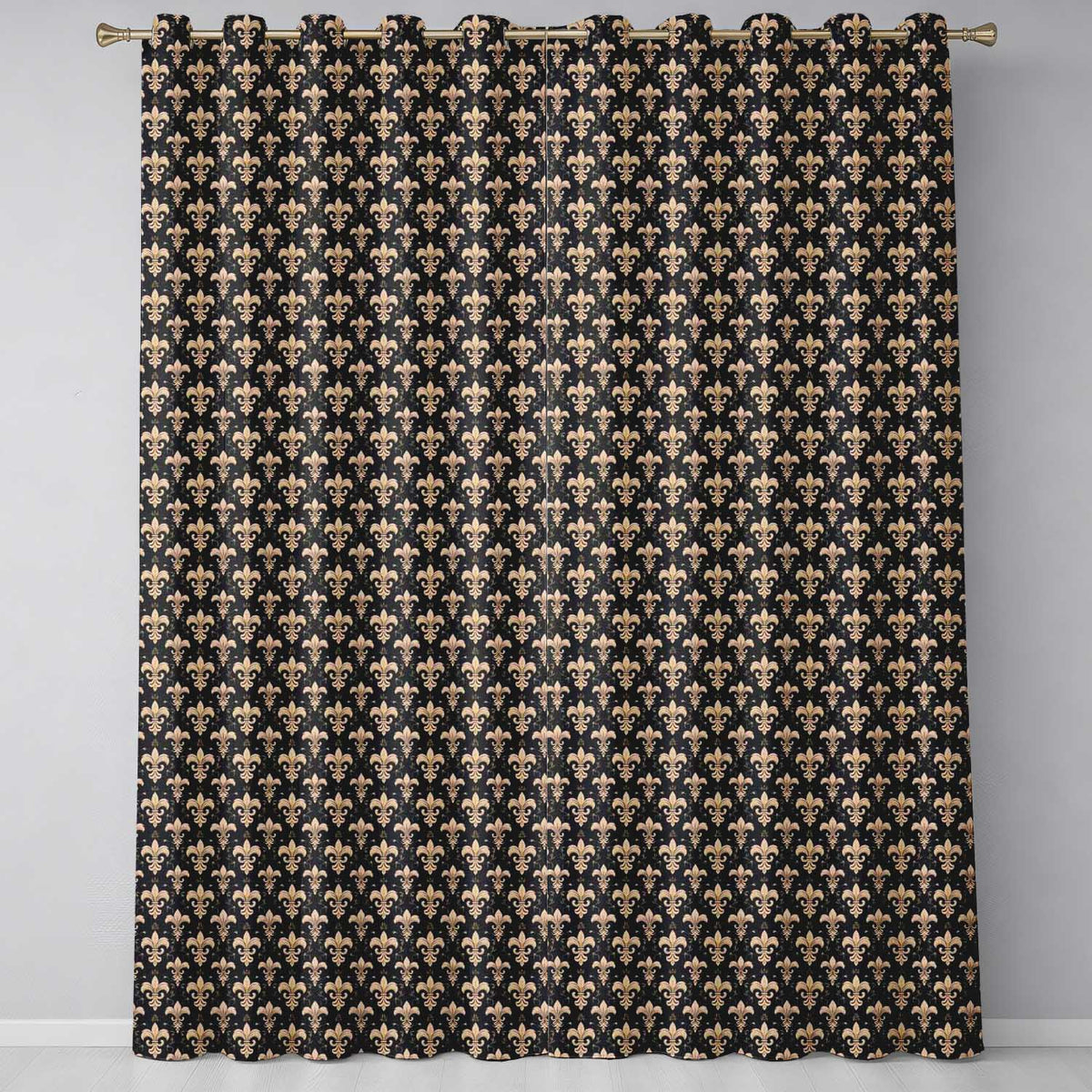Elegant Gold Fleur de Lis  on Black Background Classic Design  Readymade Eyelet Ring Top Thermal 100% Blackout Curtains