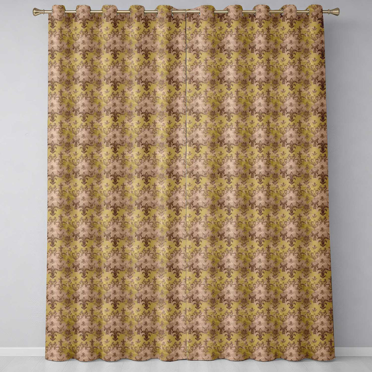Vintage Brown Fleur de Lis Scrollwork  on Antique Background  Readymade Eyelet Ring Top Thermal 100% Blackout Curtains