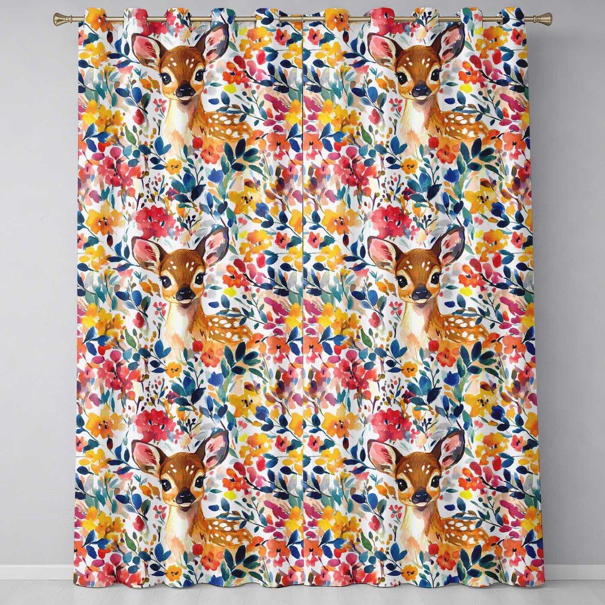 Watercolor Baby Deer Fawn with Colorful Floral Botanical Background  Readymade Eyelet Ring Top Thermal 100% Blackout Curtains