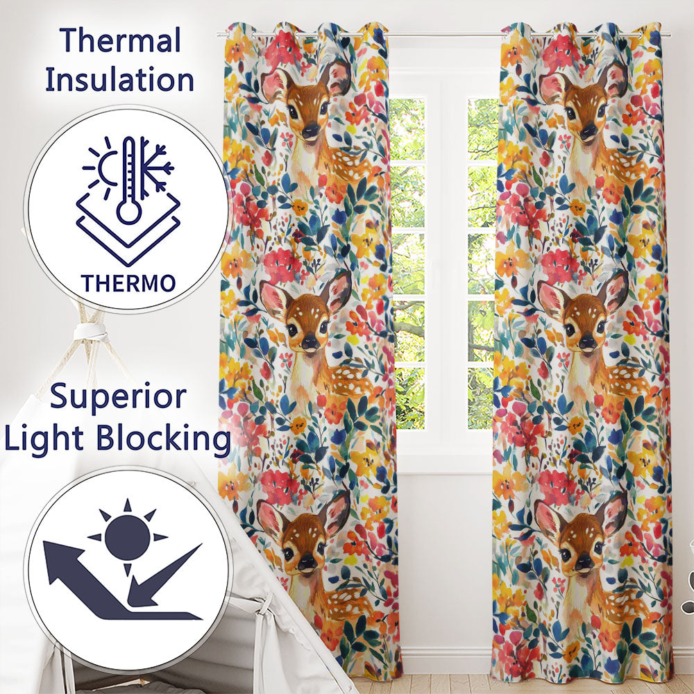 Watercolor Baby Deer Fawn with Colorful Floral Botanical Background  Readymade Eyelet Ring Top Thermal 100% Blackout Curtains