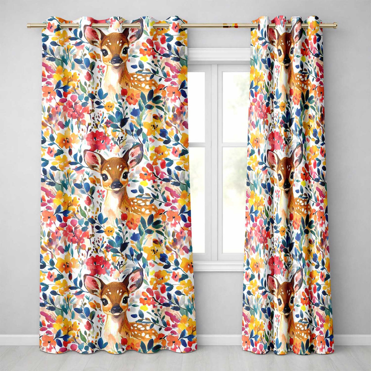 Watercolor Baby Deer Fawn with Colorful Floral Botanical Background  Readymade Eyelet Ring Top Thermal 100% Blackout Curtains