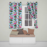 Tropical Flamingo with Hibiscus Flowers and Leaves   Blue Background  Readymade Eyelet Ring Top Thermal 100% Blackout Curtains