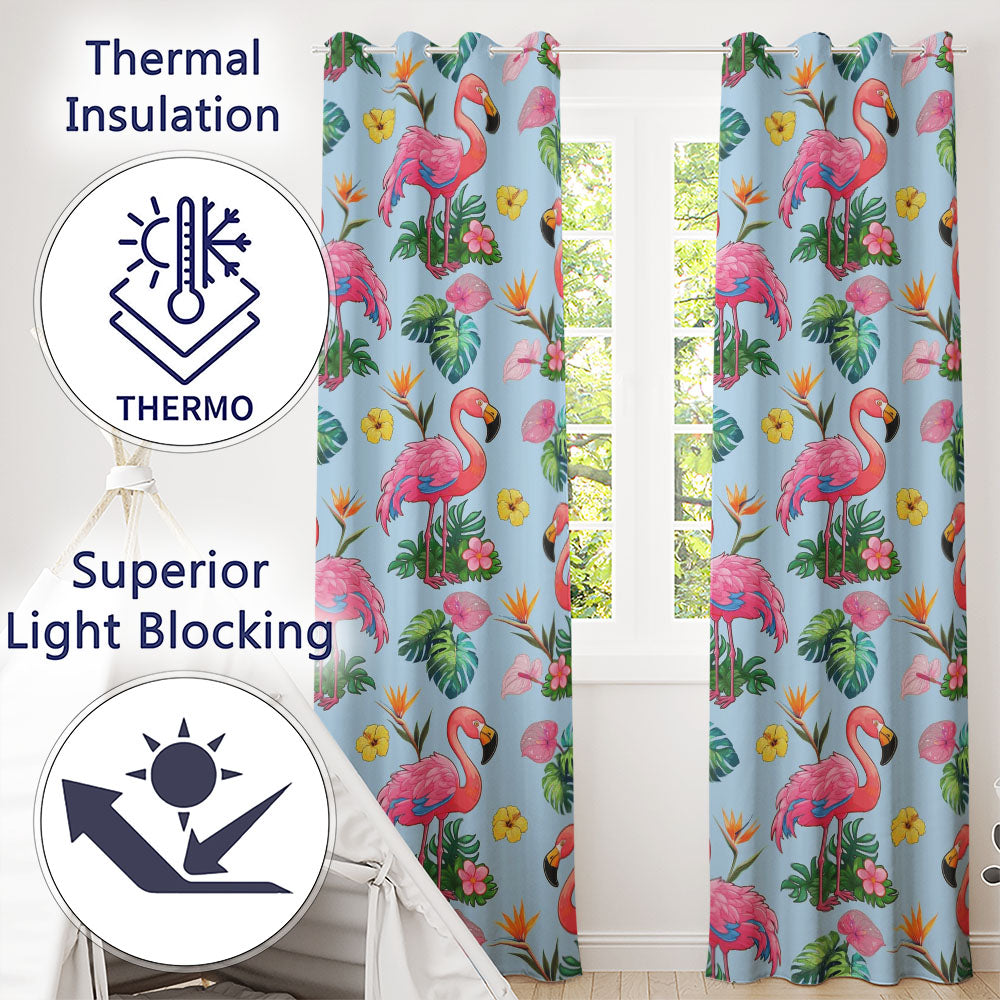 Tropical Flamingo with Hibiscus Flowers and Leaves   Blue Background  Readymade Eyelet Ring Top Thermal 100% Blackout Curtains