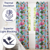 Tropical Flamingo with Hibiscus Flowers and Leaves   Blue Background  Readymade Eyelet Ring Top Thermal 100% Blackout Curtains