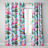 Tropical Flamingo with Hibiscus Flowers and Leaves   Blue Background  Readymade Eyelet Ring Top Thermal 100% Blackout Curtains