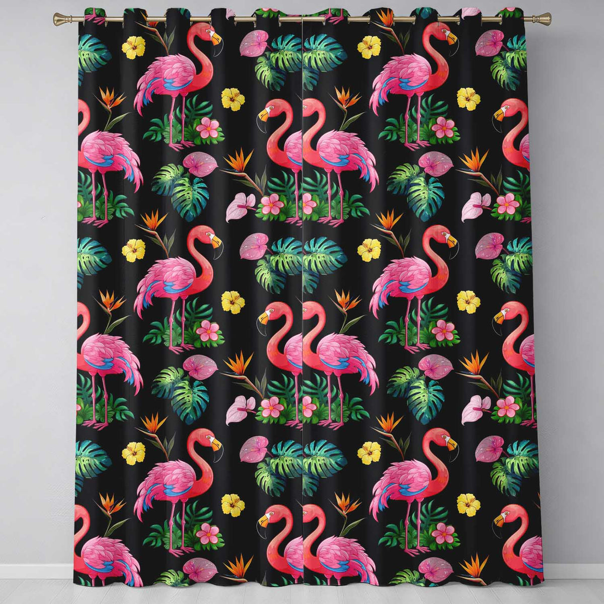 Tropical Flamingo with Hibiscus Flowers and Leaves   Black Background  Readymade Eyelet Ring Top Thermal 100% Blackout Curtains
