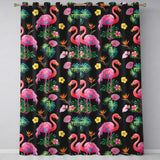 Tropical Flamingo with Hibiscus Flowers and Leaves   Black Background  Readymade Eyelet Ring Top Thermal 100% Blackout Curtains