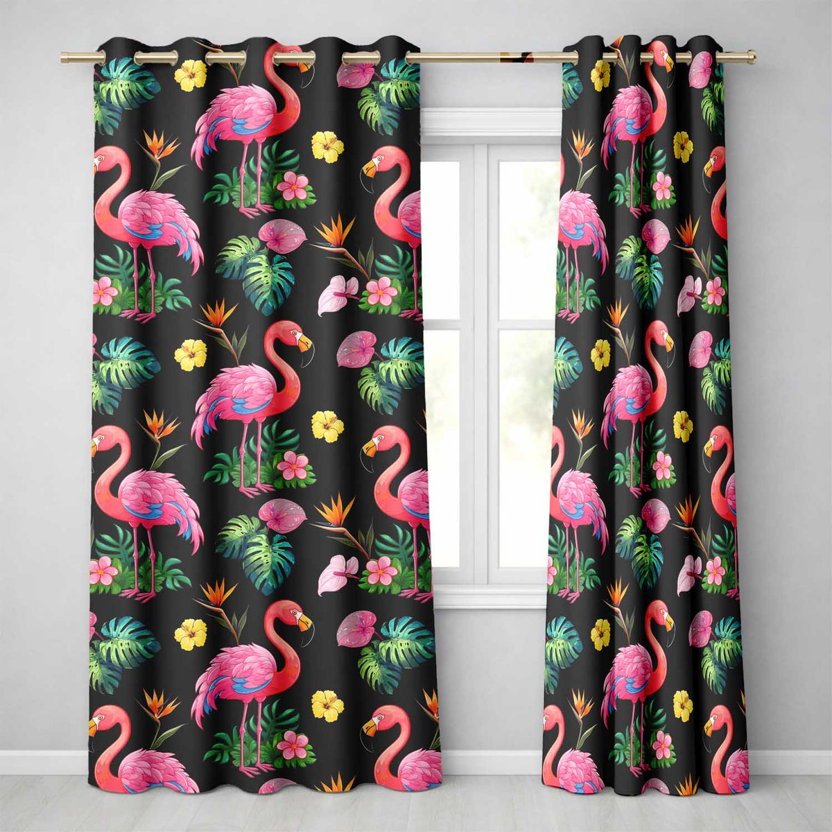 Tropical Flamingo with Hibiscus Flowers and Leaves   Black Background  Readymade Eyelet Ring Top Thermal 100% Blackout Curtains