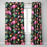 Tropical Flamingo with Hibiscus Flowers and Leaves   Black Background  Readymade Eyelet Ring Top Thermal 100% Blackout Curtains