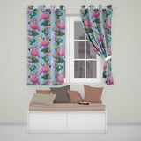 Tropical Flamingo with Hibiscus Flowers and Leaves   Sky Blue Background  Readymade Eyelet Ring Top Thermal 100% Blackout Curtains