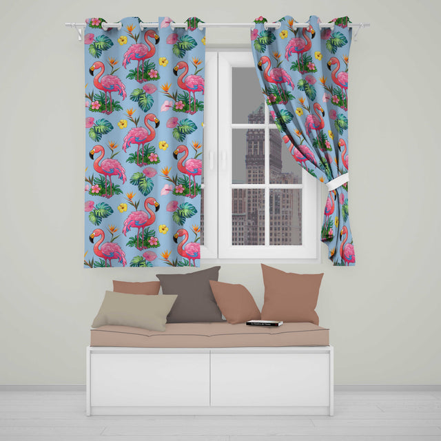 Tropical Flamingo with Hibiscus Flowers and Leaves   Sky Blue Background  Readymade Eyelet Ring Top Thermal 100% Blackout Curtains