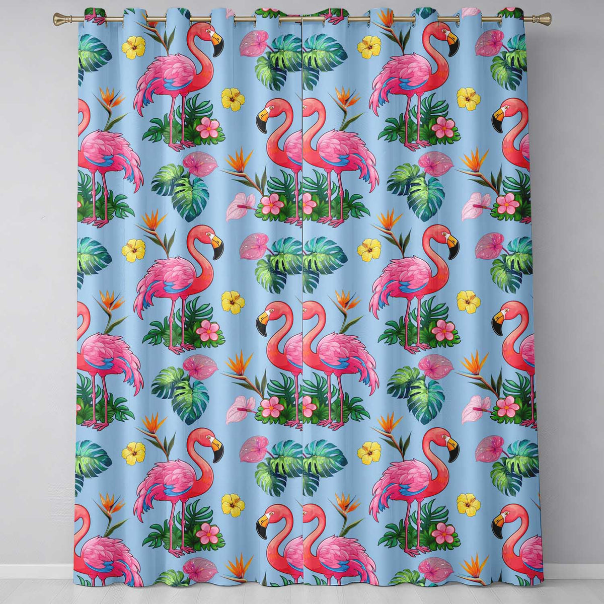 Tropical Flamingo with Hibiscus Flowers and Leaves   Sky Blue Background  Readymade Eyelet Ring Top Thermal 100% Blackout Curtains