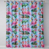 Tropical Flamingo with Hibiscus Flowers and Leaves   Sky Blue Background  Readymade Eyelet Ring Top Thermal 100% Blackout Curtains