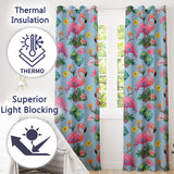 Tropical Flamingo with Hibiscus Flowers and Leaves   Sky Blue Background  Readymade Eyelet Ring Top Thermal 100% Blackout Curtains