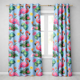 Tropical Flamingo with Hibiscus Flowers and Leaves   Sky Blue Background  Readymade Eyelet Ring Top Thermal 100% Blackout Curtains