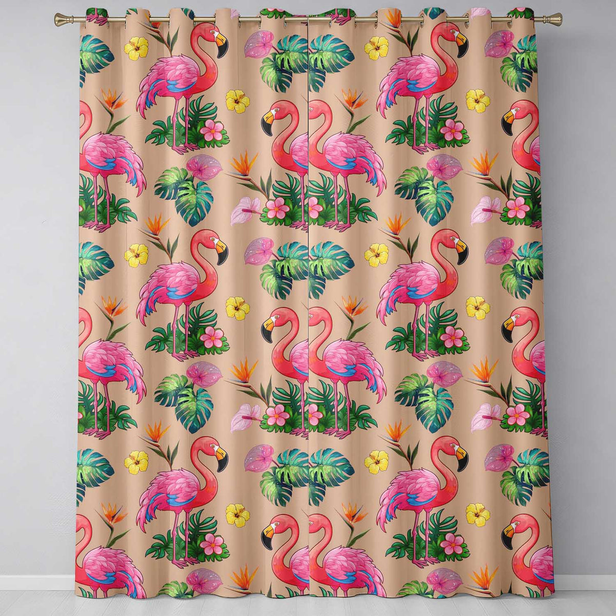 Tropical Flamingo with Hibiscus Flowers and Leaves   Peach Background  Readymade Eyelet Ring Top Thermal 100% Blackout Curtains