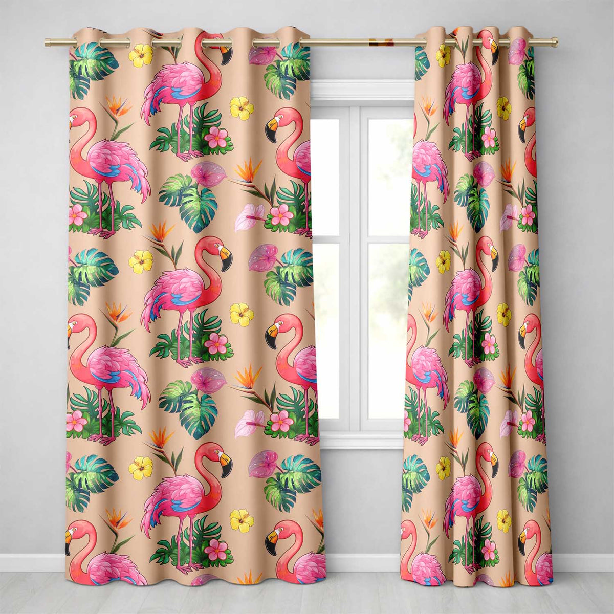 Tropical Flamingo with Hibiscus Flowers and Leaves   Peach Background  Readymade Eyelet Ring Top Thermal 100% Blackout Curtains