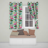 Tropical Flamingo with Hibiscus Flowers and Leaves   Mint Background  Readymade Eyelet Ring Top Thermal 100% Blackout Curtains