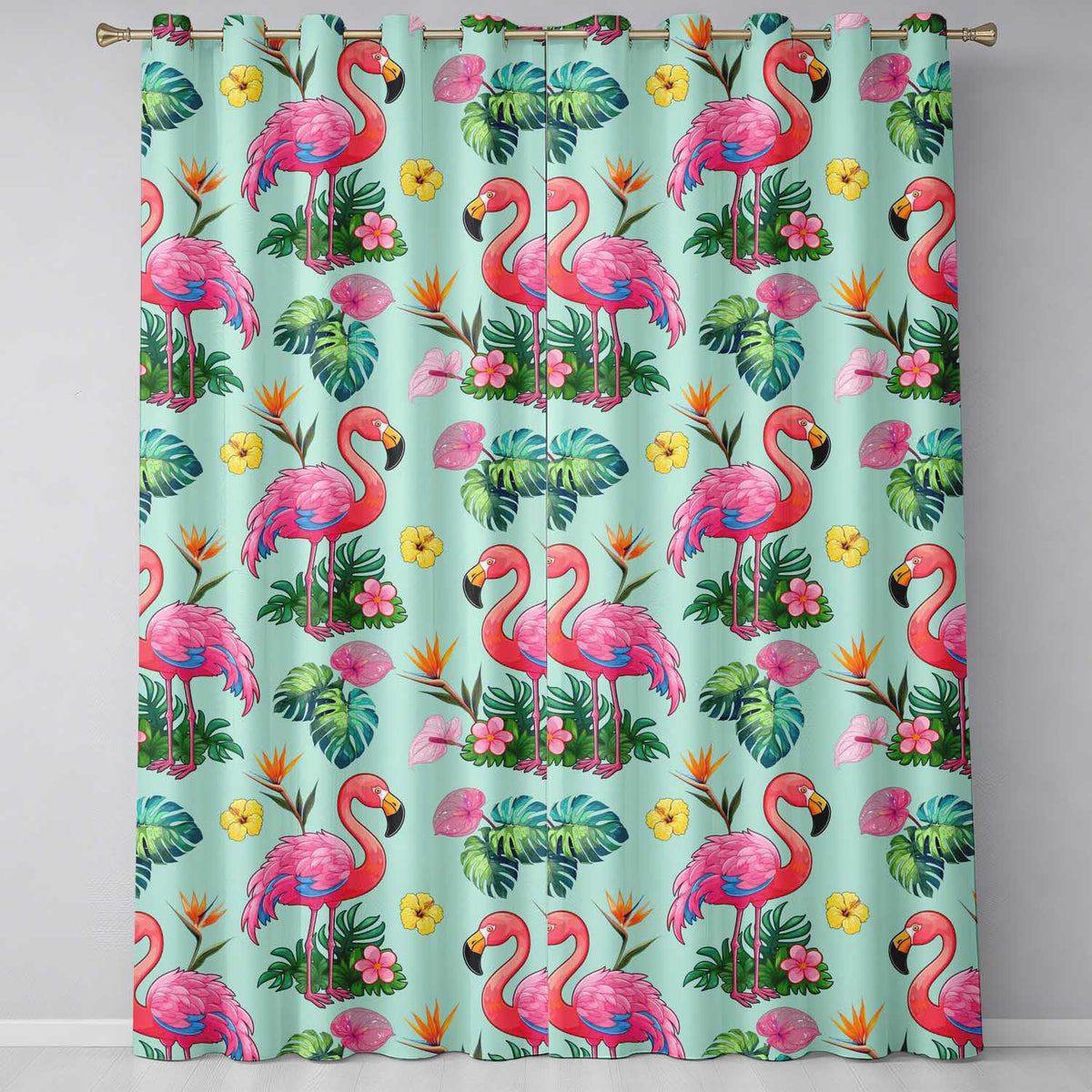 Tropical Flamingo with Hibiscus Flowers and Leaves   Mint Background  Readymade Eyelet Ring Top Thermal 100% Blackout Curtains