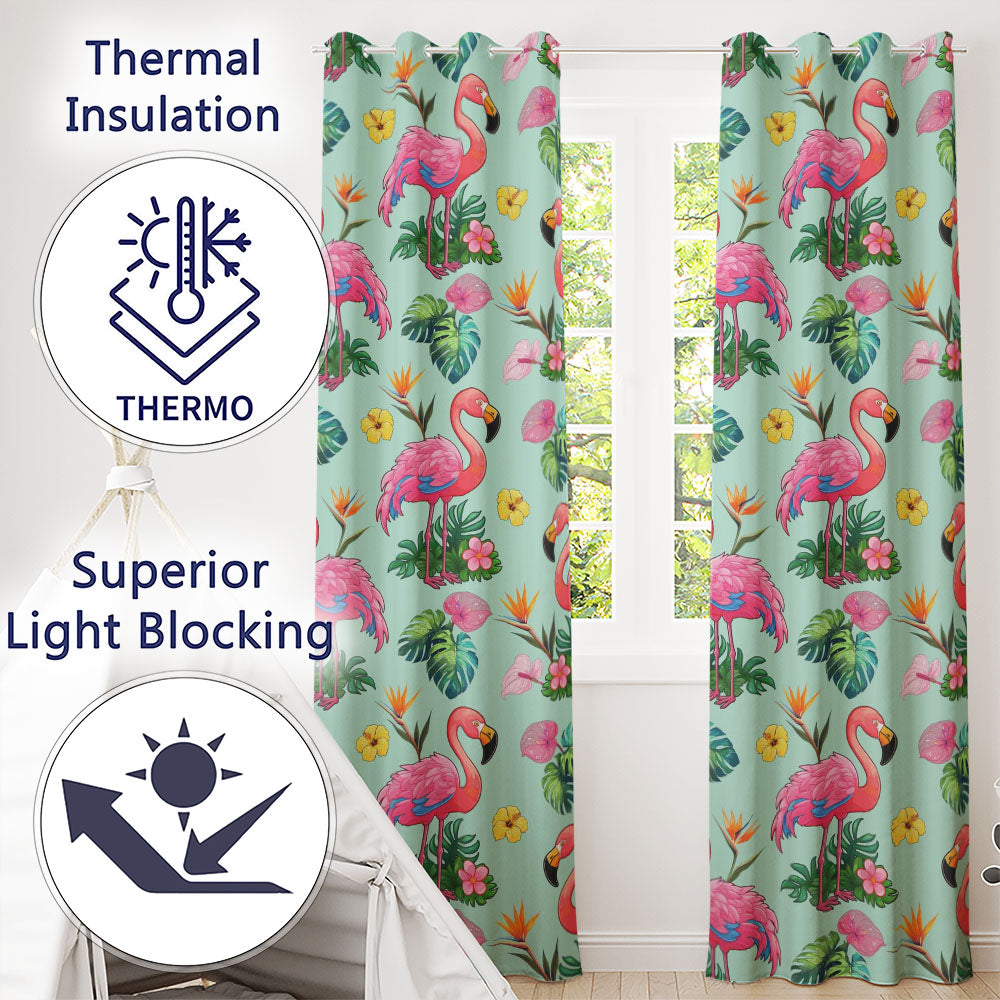 Tropical Flamingo with Hibiscus Flowers and Leaves   Mint Background  Readymade Eyelet Ring Top Thermal 100% Blackout Curtains