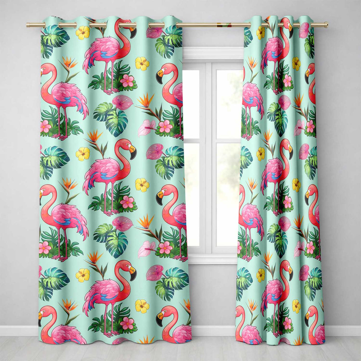 Tropical Flamingo with Hibiscus Flowers and Leaves   Mint Background  Readymade Eyelet Ring Top Thermal 100% Blackout Curtains