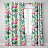 Tropical Flamingo with Hibiscus Flowers and Leaves   Mint Background  Readymade Eyelet Ring Top Thermal 100% Blackout Curtains