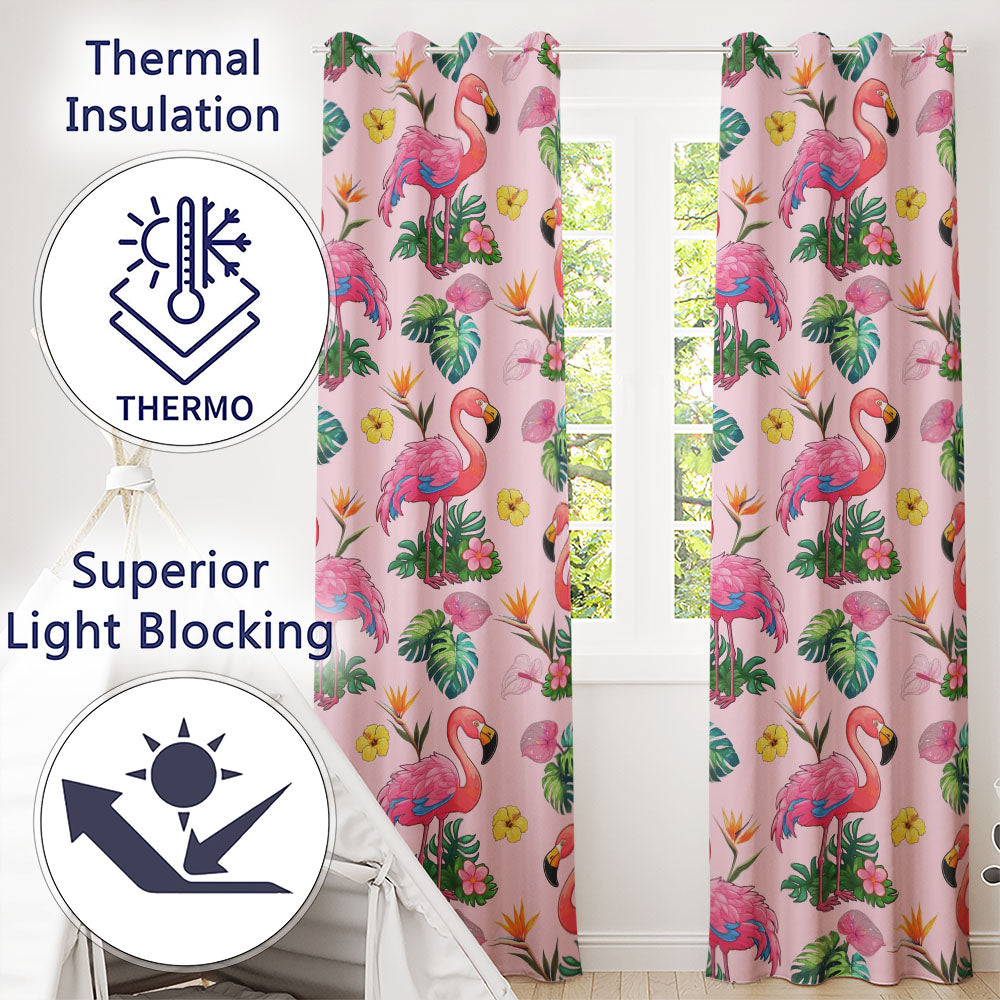 Tropical Flamingo with Hibiscus Flowers and Leaves   Soft Pink Background  Readymade Eyelet Ring Top Thermal 100% Blackout Curtains