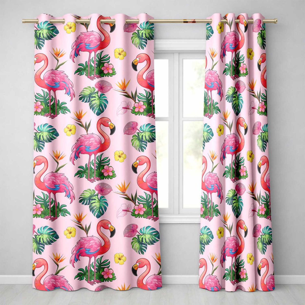 Tropical Flamingo with Hibiscus Flowers and Leaves   Soft Pink Background  Readymade Eyelet Ring Top Thermal 100% Blackout Curtains