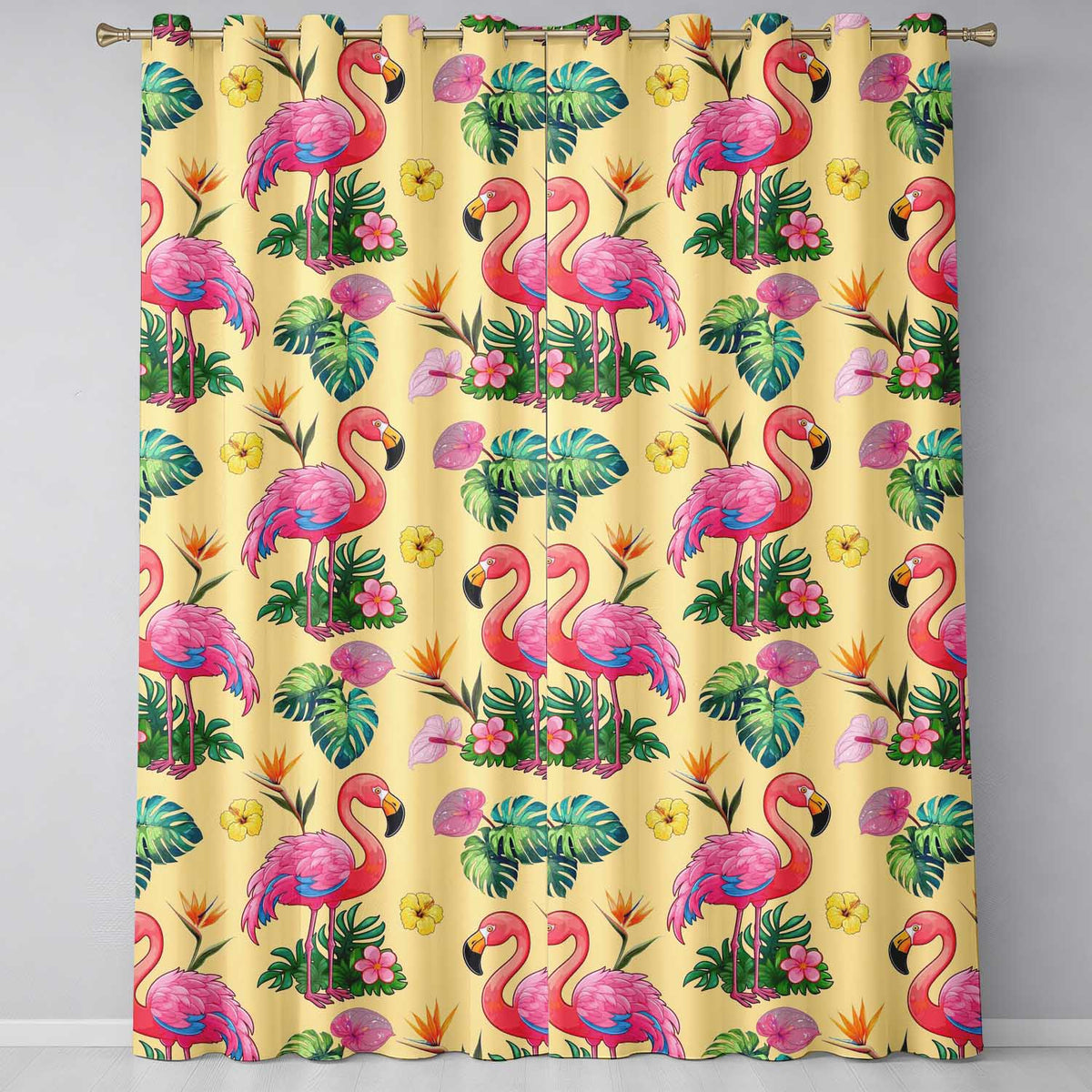 Tropical Flamingo with Hibiscus Flowers and Leaves   Warm Yellow Background  Readymade Eyelet Ring Top Thermal 100% Blackout Curtains