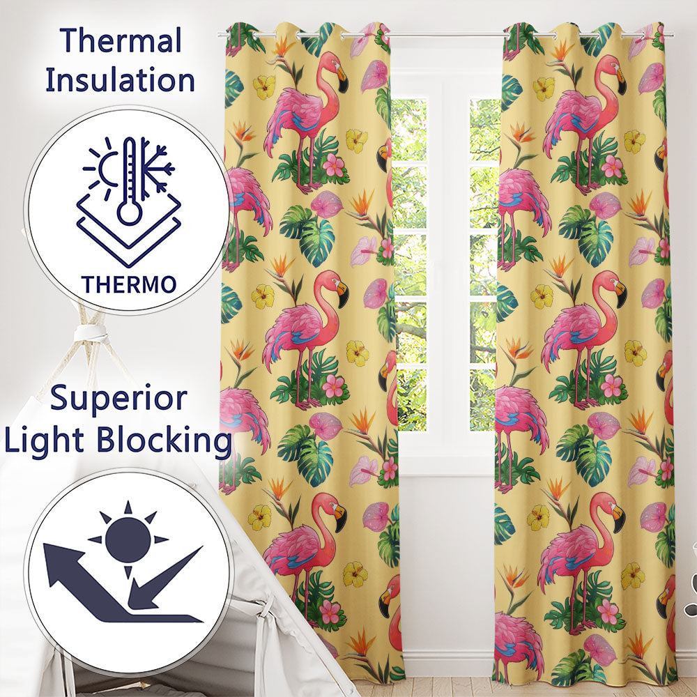Tropical Flamingo with Hibiscus Flowers and Leaves   Warm Yellow Background  Readymade Eyelet Ring Top Thermal 100% Blackout Curtains