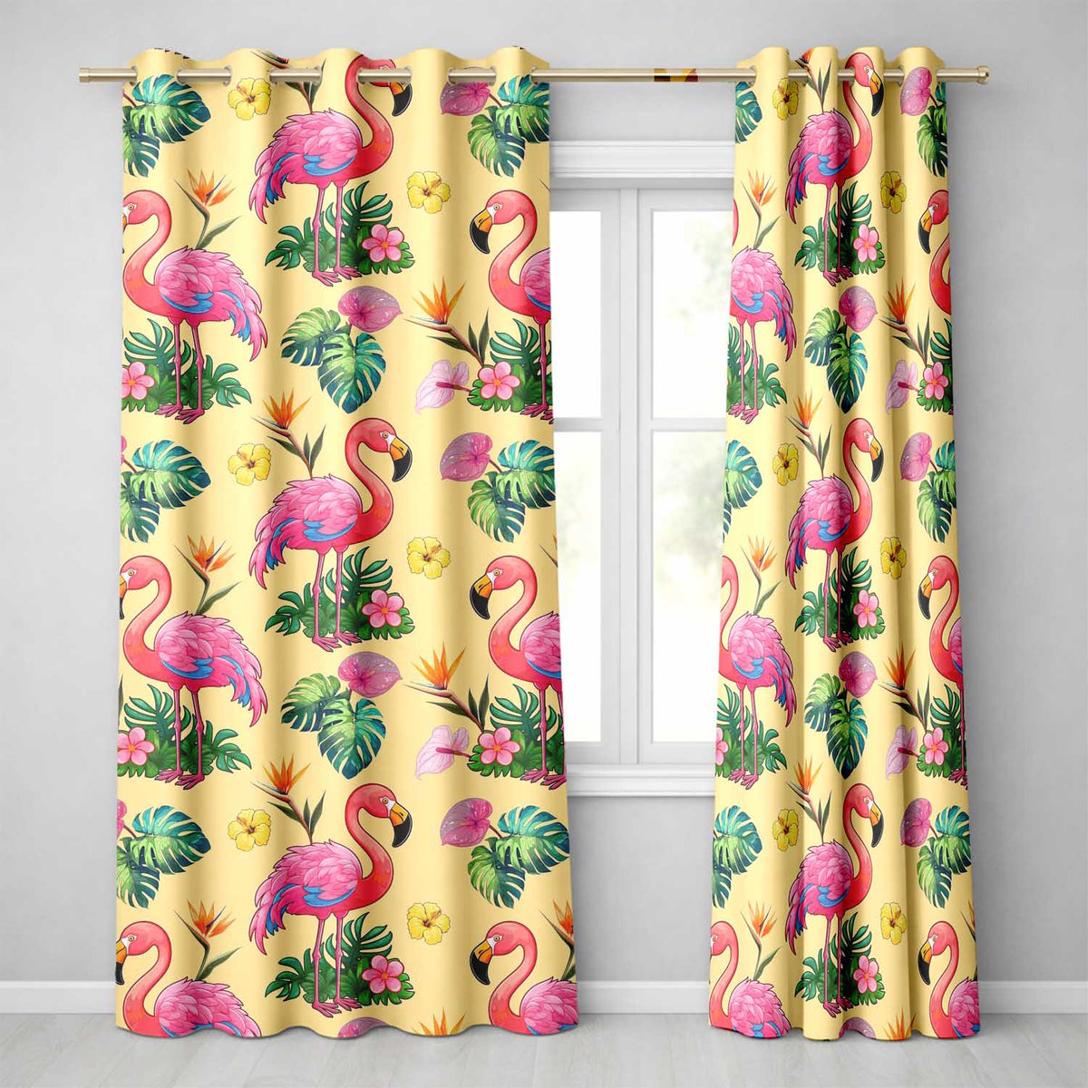 Tropical Flamingo with Hibiscus Flowers and Leaves   Warm Yellow Background  Readymade Eyelet Ring Top Thermal 100% Blackout Curtains