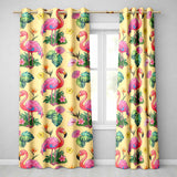 Tropical Flamingo with Hibiscus Flowers and Leaves   Warm Yellow Background  Readymade Eyelet Ring Top Thermal 100% Blackout Curtains
