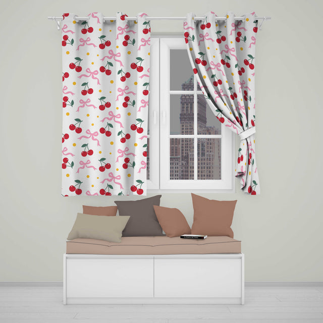 Cherry Bow and Daisy Seamless  on White Background  Readymade Eyelet Ring Top Thermal 100% Blackout Curtains