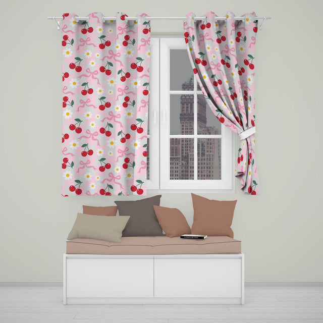 Cherry Bow and Daisy Pink Gingham Seamless  Readymade Eyelet Ring Top Thermal 100% Blackout Curtains