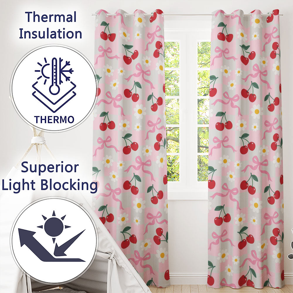 Cherry Bow and Daisy Pink Gingham Seamless  Readymade Eyelet Ring Top Thermal 100% Blackout Curtains