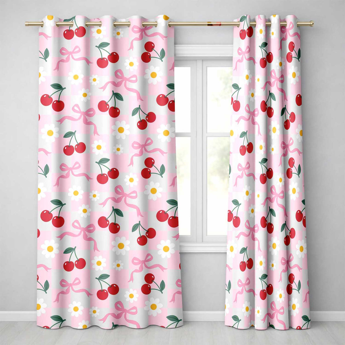 Cherry Bow and Daisy Pink Gingham Seamless  Readymade Eyelet Ring Top Thermal 100% Blackout Curtains
