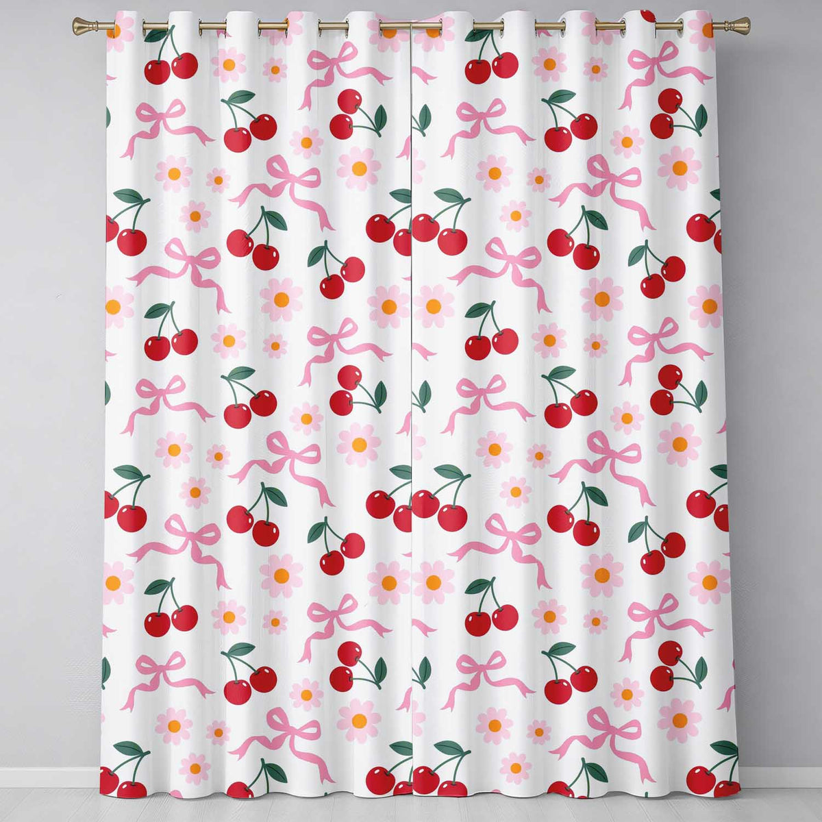 Cherry Bow and Daisy Seamless on White Background Readymade Eyelet Ring Top Thermal 100% Blackout Curtains