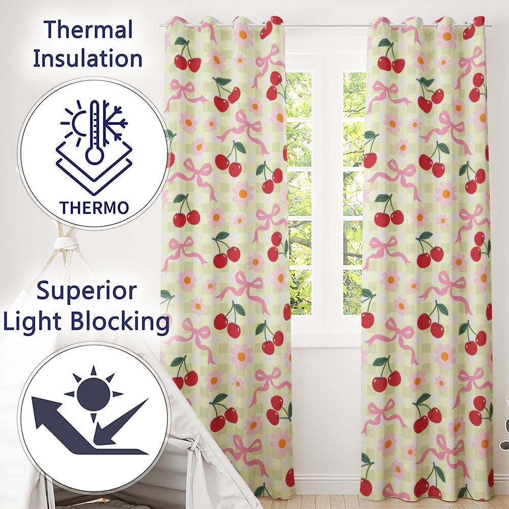 Cherry Bow and Daisy Yellow Gingham Seamless  Readymade Eyelet Ring Top Thermal 100% Blackout Curtains