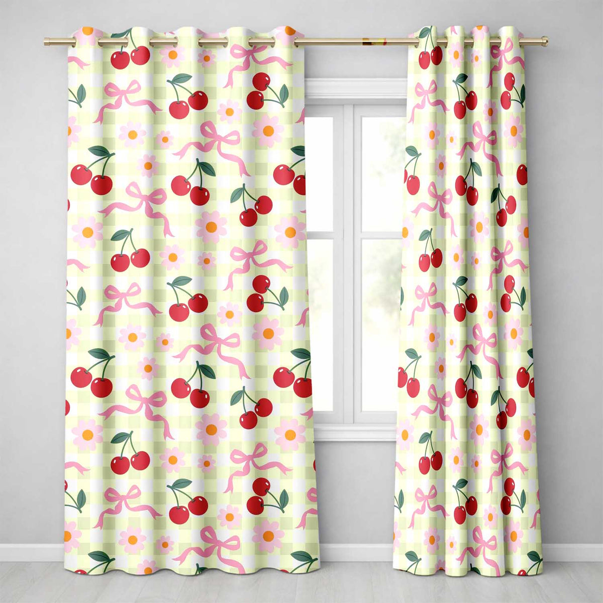 Cherry Bow and Daisy Yellow Gingham Seamless  Readymade Eyelet Ring Top Thermal 100% Blackout Curtains