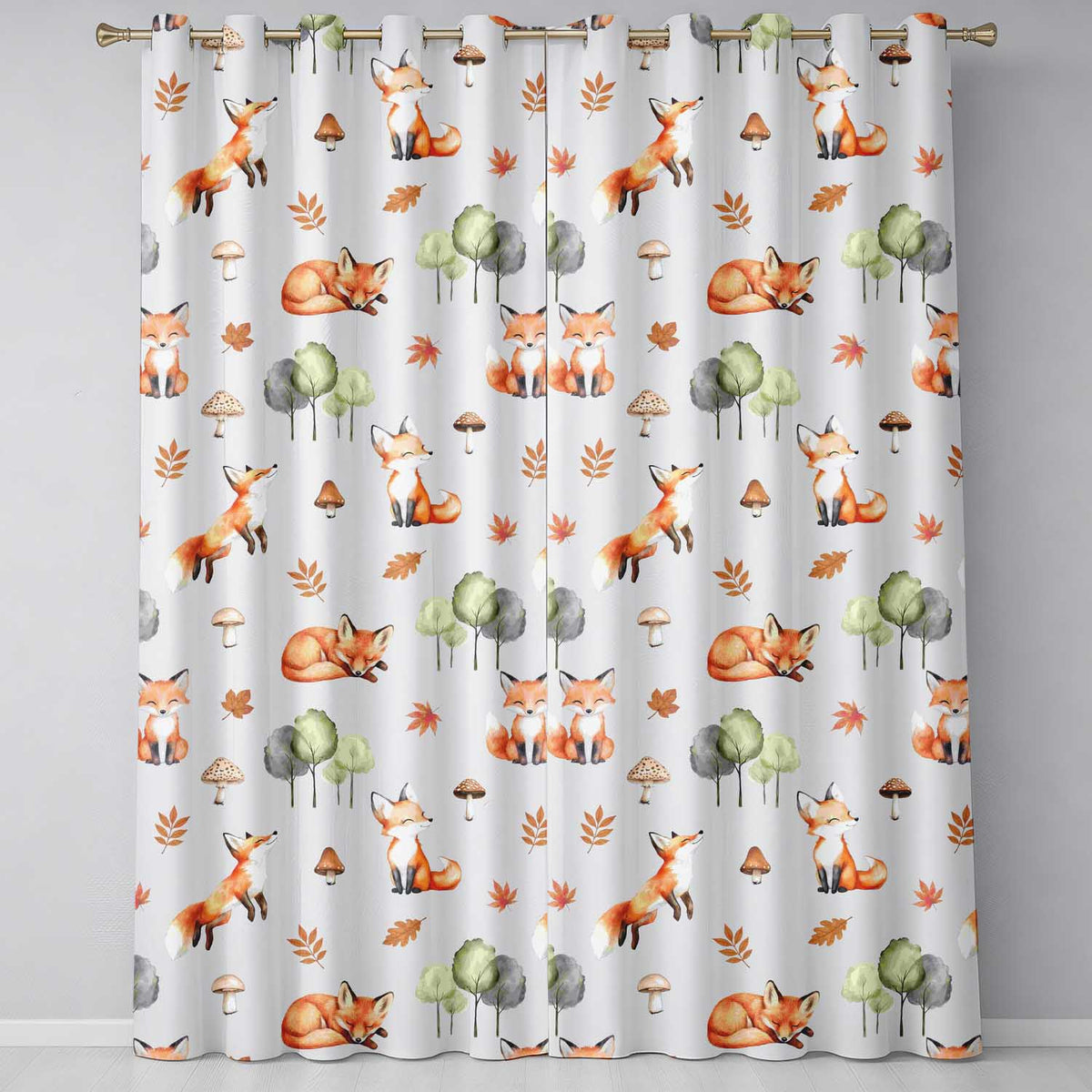 Watercolor Woodland Fox Mushroom Autumn Seamless  on Grey Background  Readymade Eyelet Ring Top Thermal 100% Blackout Curtains