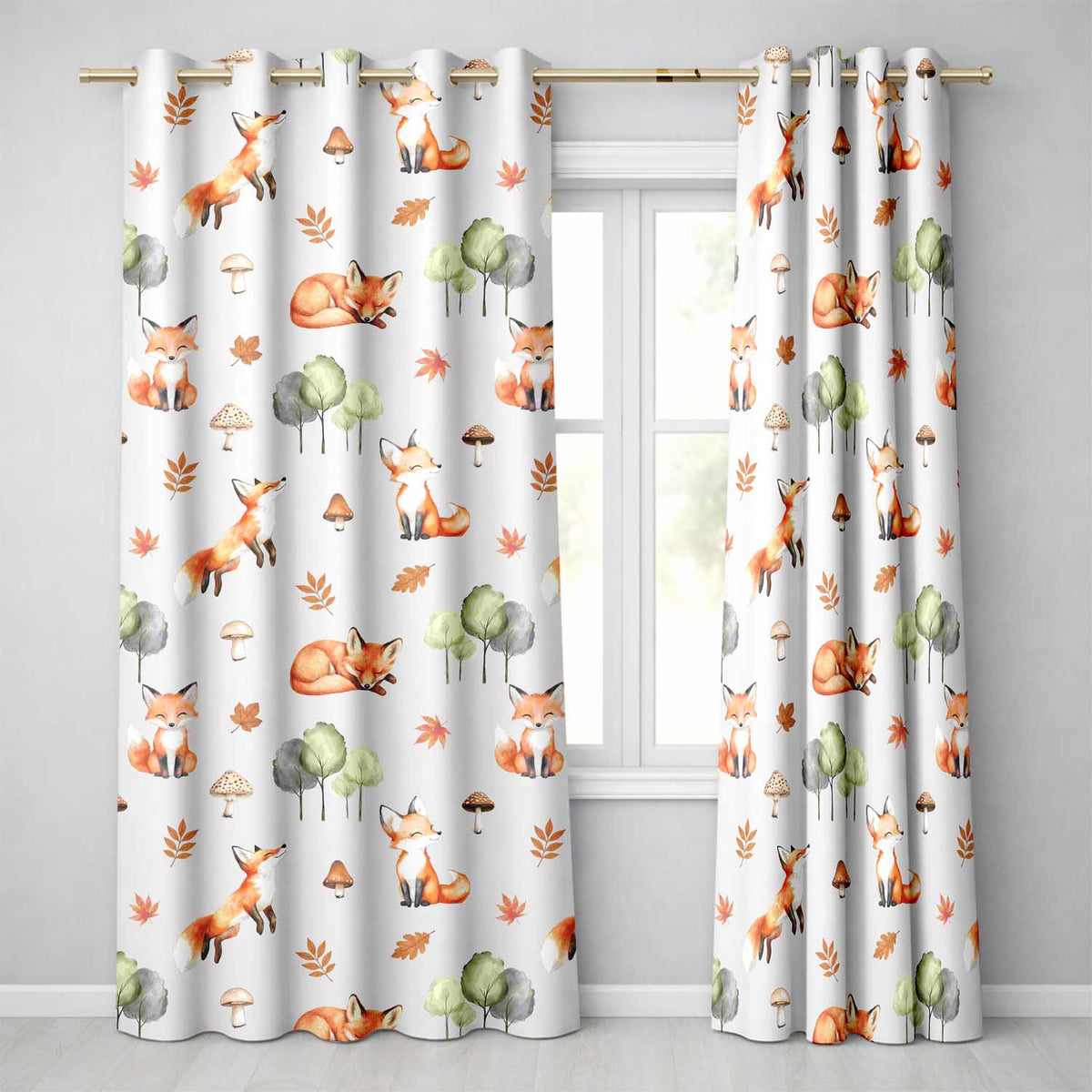 Watercolor Woodland Fox Mushroom Autumn Seamless  on Grey Background  Readymade Eyelet Ring Top Thermal 100% Blackout Curtains