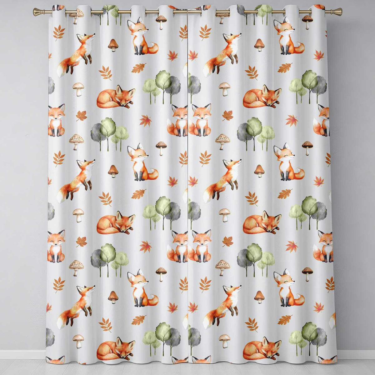 Watercolor Woodland Fox Mushroom Autumn Seamless  on Plain  Background  Readymade Eyelet Ring Top Thermal 100% Blackout Curtains
