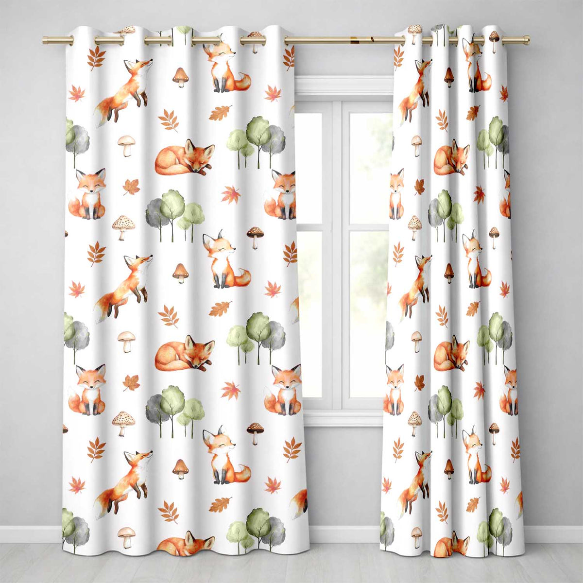 Watercolor Woodland Fox Mushroom Autumn Seamless  on White Background  Readymade Eyelet Ring Top Thermal 100% Blackout Curtains