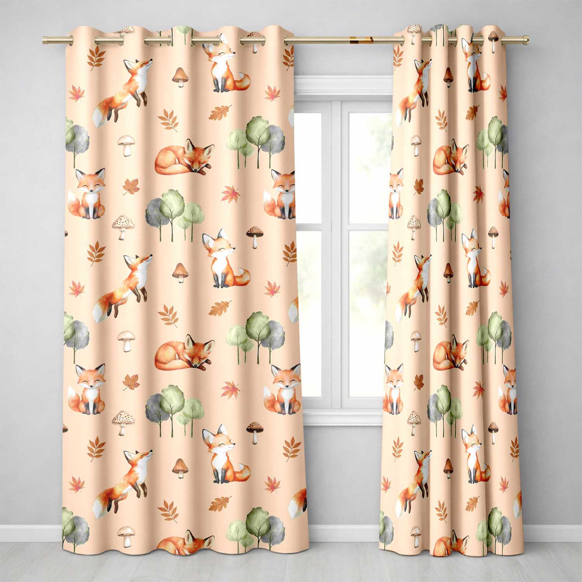 Watercolor Woodland Fox Mushroom Autumn Seamless  on Peach Background  Readymade Eyelet Ring Top Thermal 100% Blackout Curtains