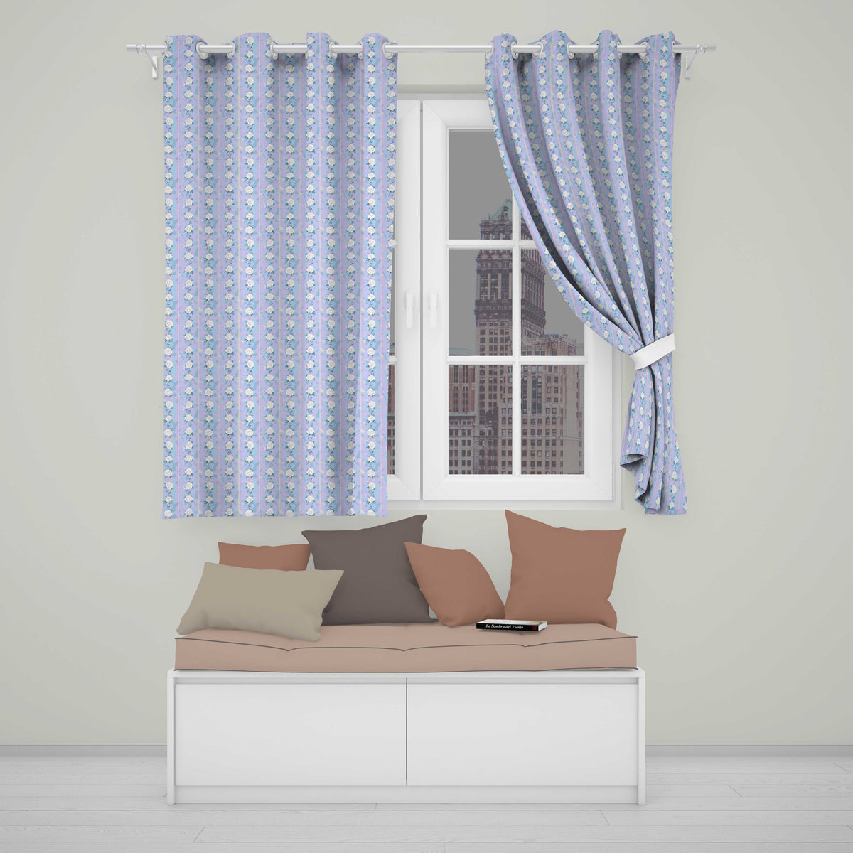 Vintage Blue Rose Stripe Floral Seamless  Readymade Eyelet Ring Top Thermal 100% Blackout Curtains