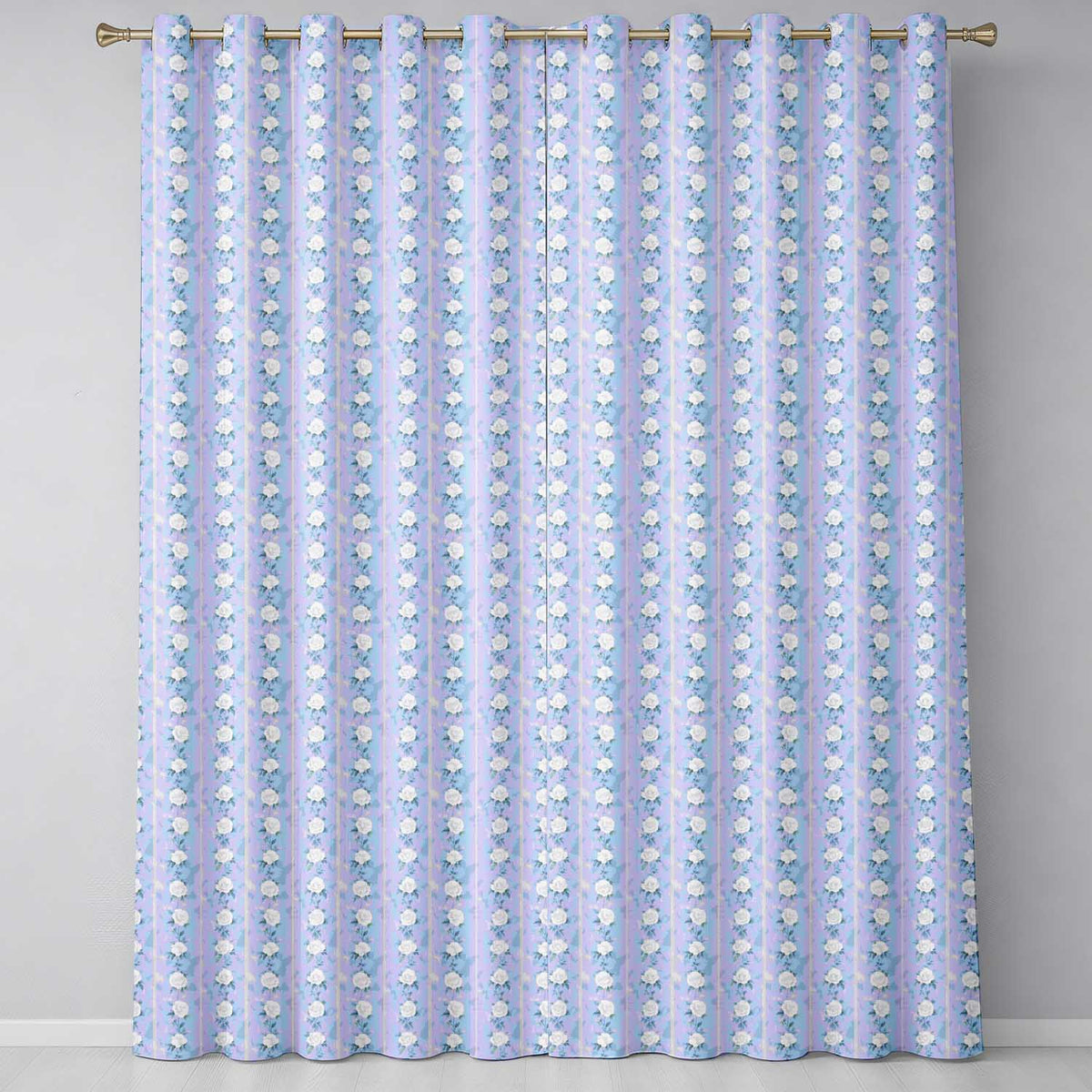 Vintage Blue Rose Stripe Floral Seamless  Readymade Eyelet Ring Top Thermal 100% Blackout Curtains