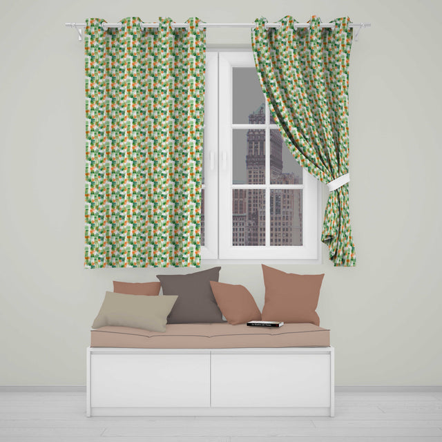 Green and Orange Watercolour Square Abstract Seamless  Readymade Eyelet Ring Top Thermal 100% Blackout Curtains